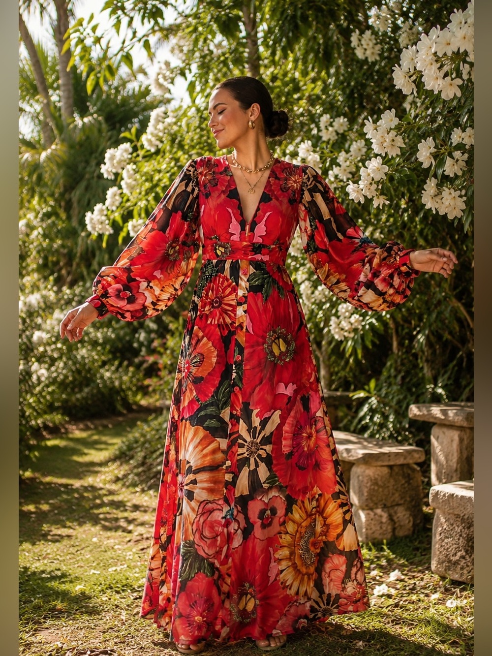 Farm Rio flower shop puff sleeve maxi dress